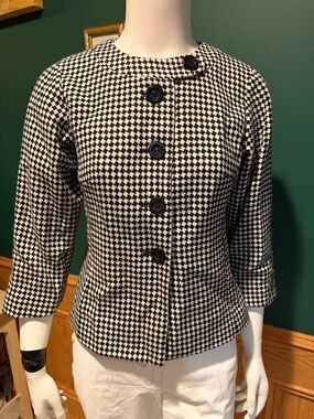 Vintage Ann Taylor LOFT 3/4 Sleeve Collarless Black and White Checkered Blazer